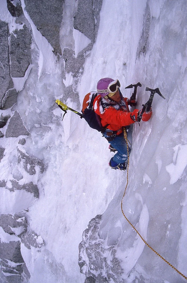 1989: Anne Smith in the Chere Couloir on the north face of the Aiguille du Midi, Chamonix, France. To save weight we were climbing on a 8.5mm half-rope – not much use for run-out lead falls but I wasn’t going to fall. Still, once the avalanches start