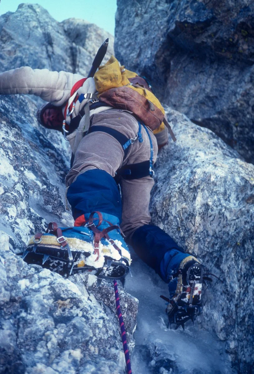 June 1981: As the final exam during a Mountain Instructor Training Course offered by Exum (instructors included Chuck Pratt, Yvon Chouinard, Dave Carman, Kim Schmitz, Peter Lev and Harry Frishman), different teams of students were assigned routes to