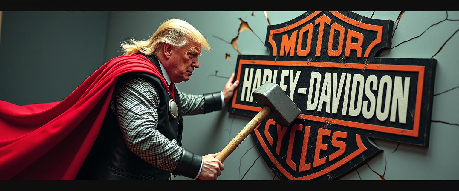 A man dressed as a superhero with a red cape and hammer, standing in front of a cracked Harley-Davidson motorcycle sign.