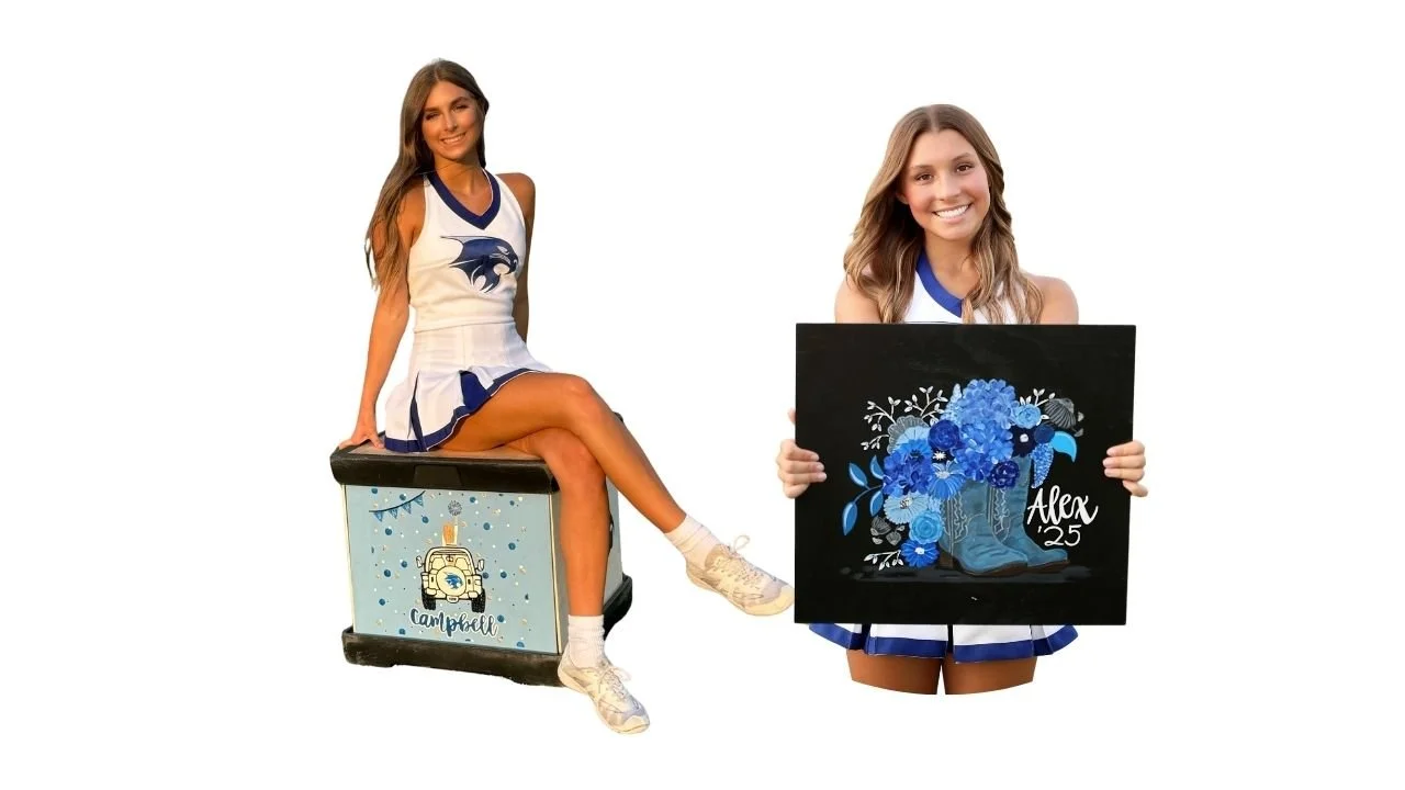 Cheerleader Campbell sitting on a custom-designed cheer box with a jeep design. Cheerleader Alex holding a personalized cheer art canvas with a floral design.