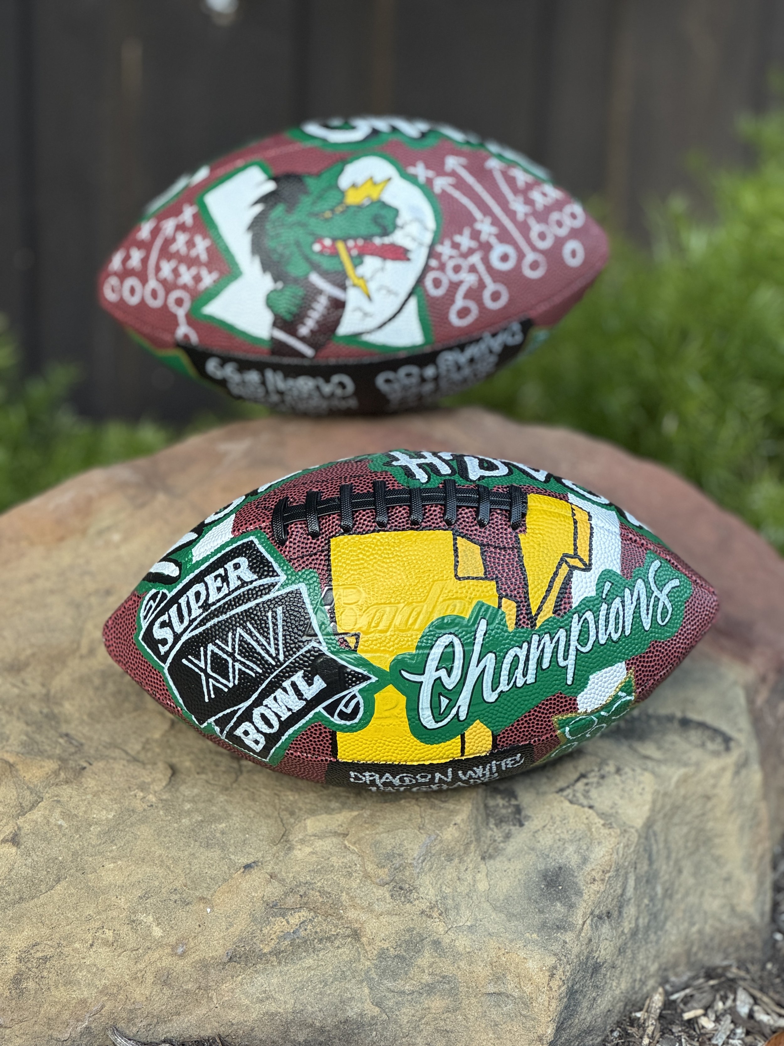 Hand-painted football combining team history, championships and career milestones into one keepsake