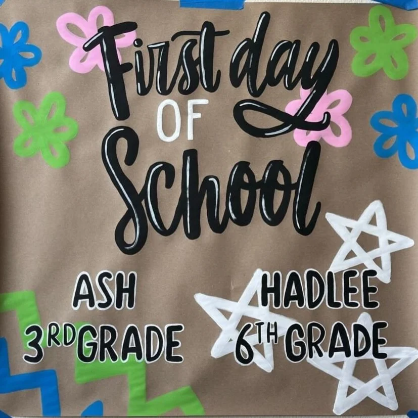 Custom "First Day of School" banner for Ash and Hadlee in 3rd and 6th grades, designed with flower and star details.