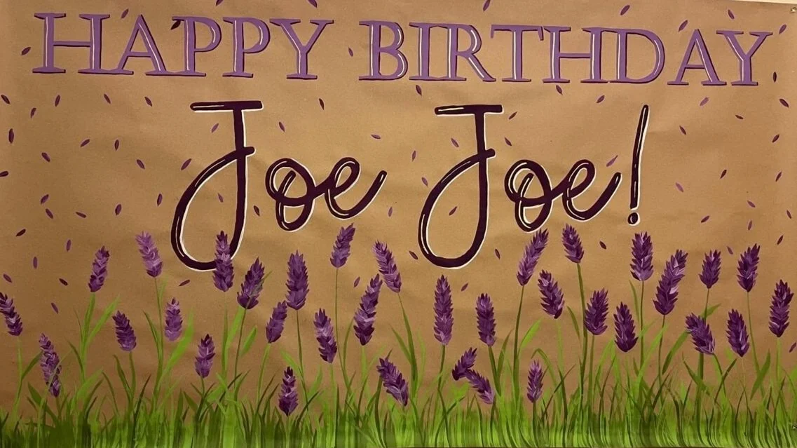 Lavender-themed custom birthday banner reading 'Happy Birthday Joe Joe!'