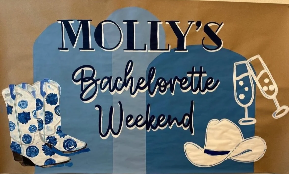 Molly's Bachelorette Weekend custom banner with champagne glasses, cowgirl hat, and cowgirl boots illustration.