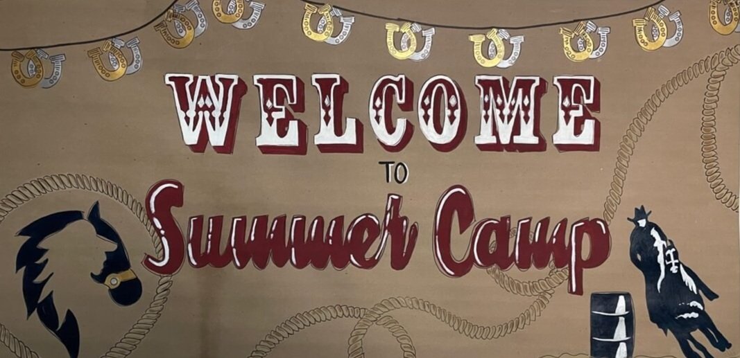 Custom 'Welcome to Summer Camp' banner with horseshoe, rope, and horse graphic illustrations.