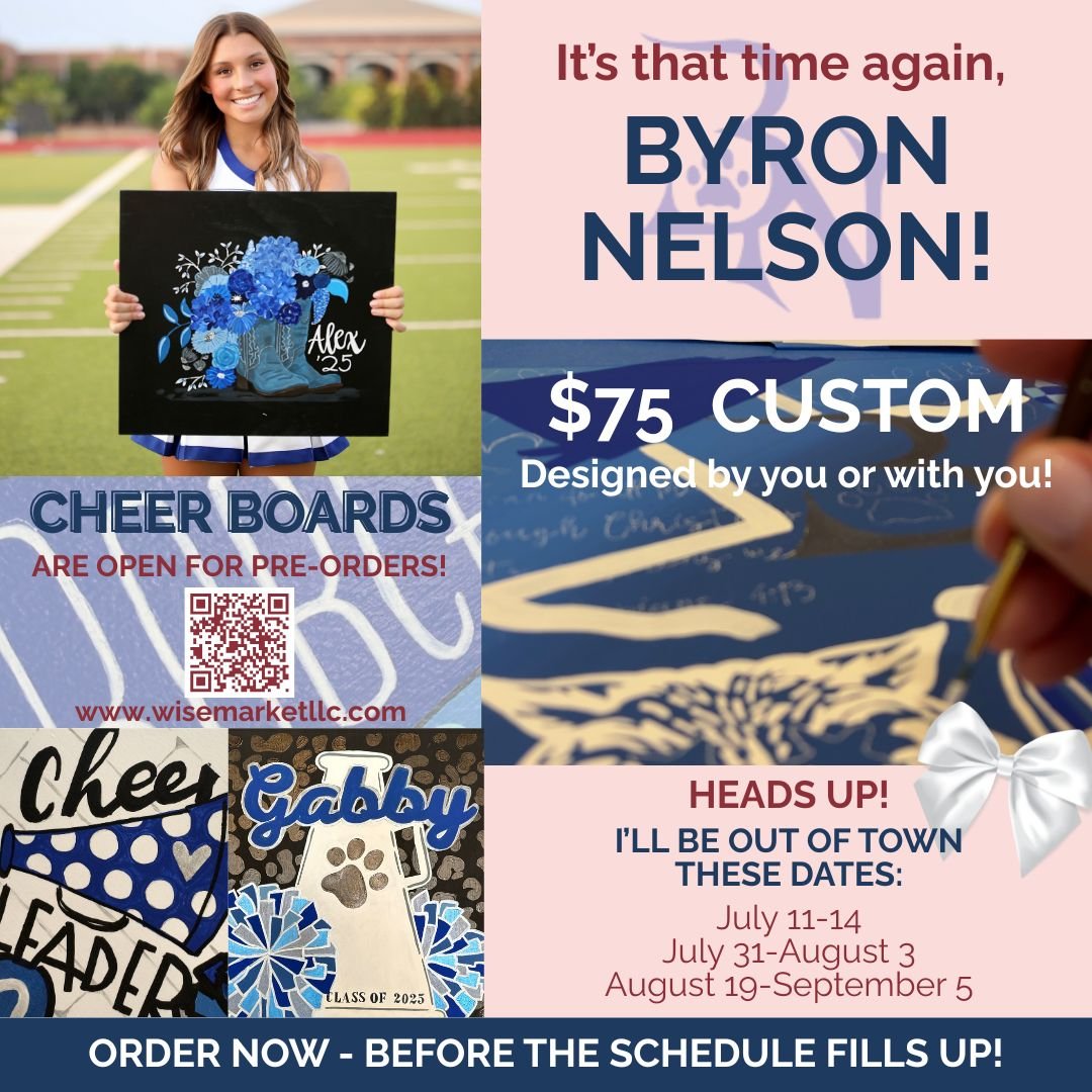 π BNHS Cheer Families – Let’s Get Ahead of the Game! πΎ
It’s that time again! Custom cheer boards are now OPEN for pre-orders — and trust me, the earlier the better. ποΈβ¨
I'll be out of town on:
π
July 11–14
π
July