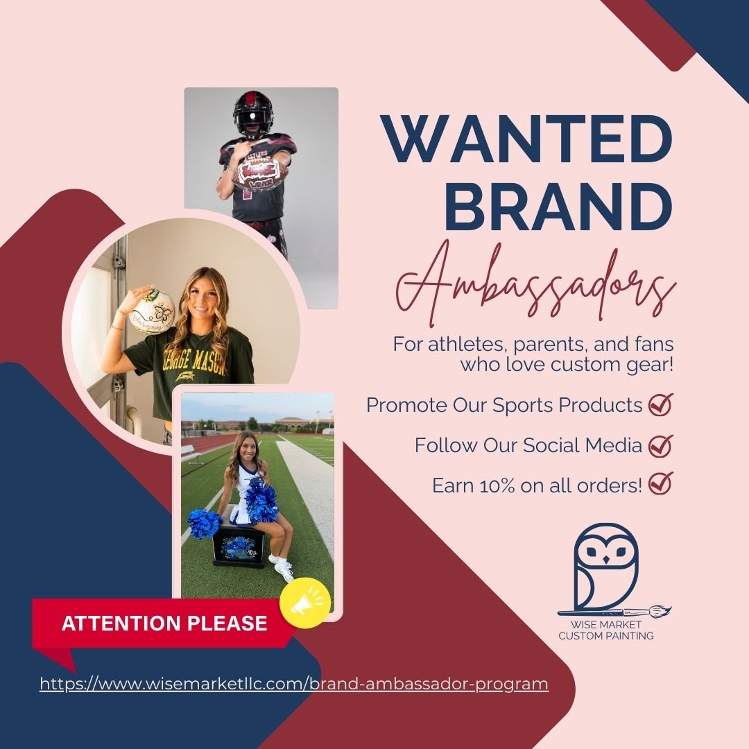 π¨ I need Wise Market Brand Ambassadors!
Whether you’re a proud parent, an athlete, a coach, or a die-hard team supporter—we want YOU to help us spread the word about Wise Market’s custom-painted sports gear!
If you’ve ever