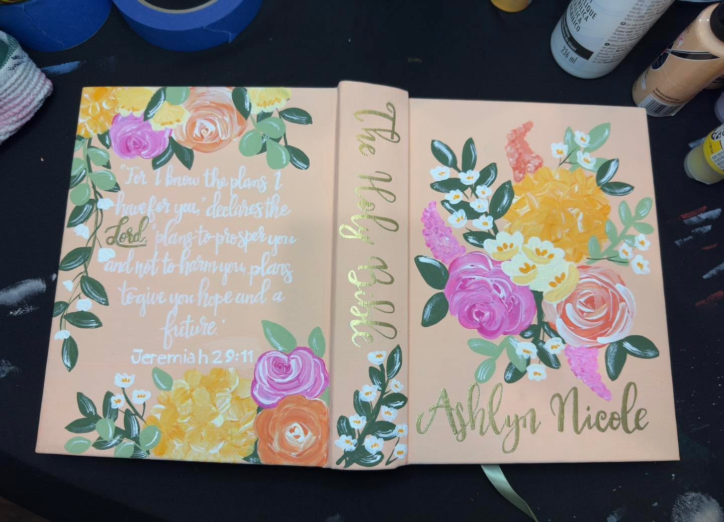 This week I had the honor of painting a Bible for a young woman dedicating her life to Christ — a gift from her parents to accompany her on the most important journey of all.
Every Bible I paint is more than just art. I pray over each one, ask