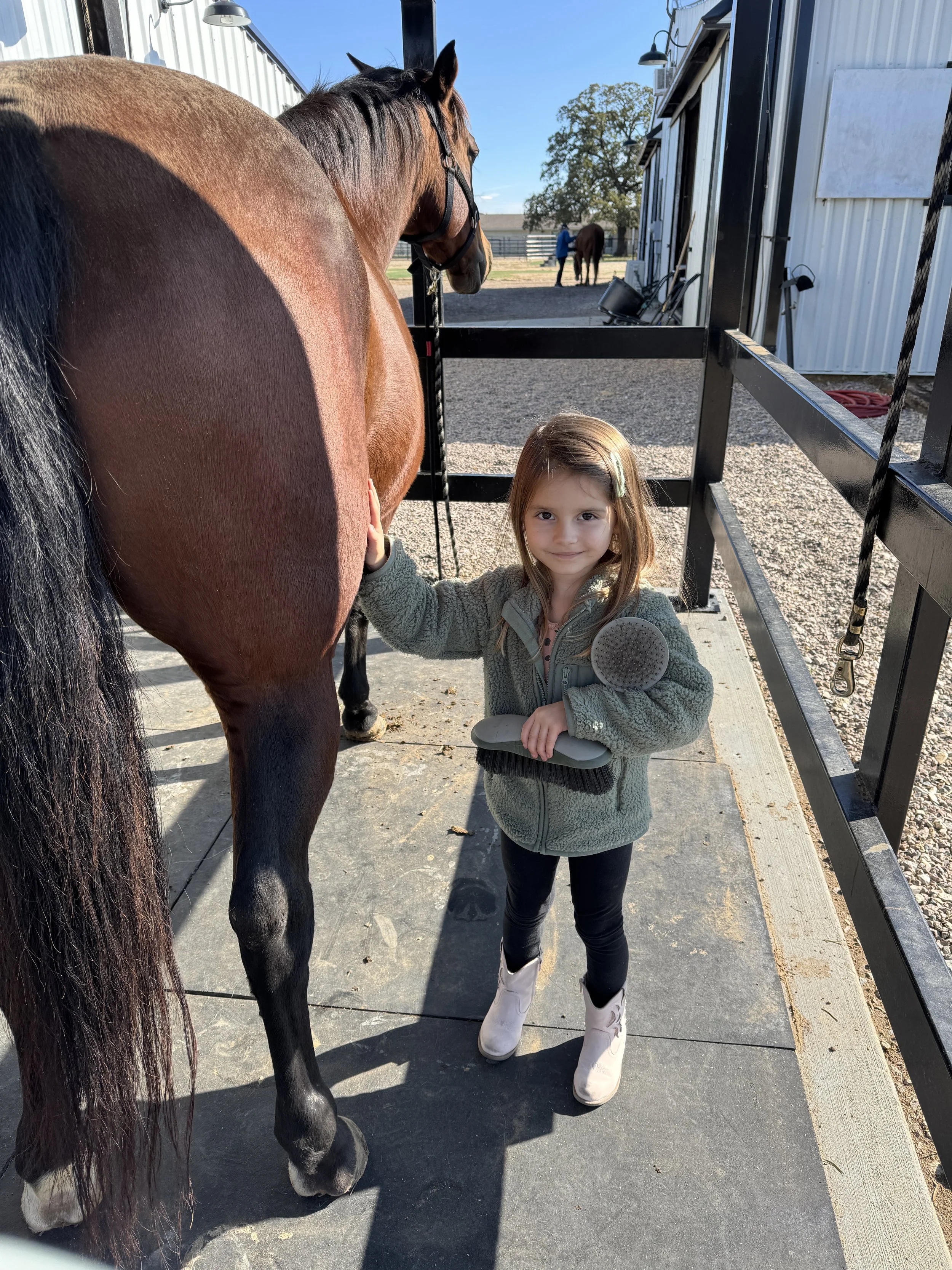 Little hand, big horsemanship energy.  Henley knows where to touch Bee to tell her she's there. Bee knows who’s in charge.