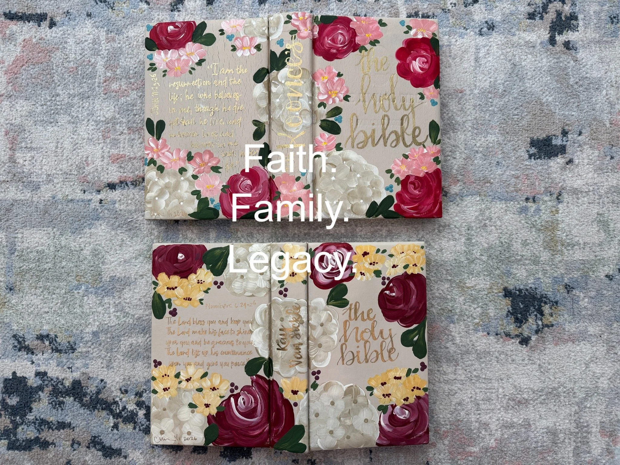 There are some pieces I am trusted to create that feel especially sacred.

Recently I had the privilege of painting two Bibles for a dear barn friend and her sister. Similar in design, one finished in a warm Tuscan red and the other in a rich cranber