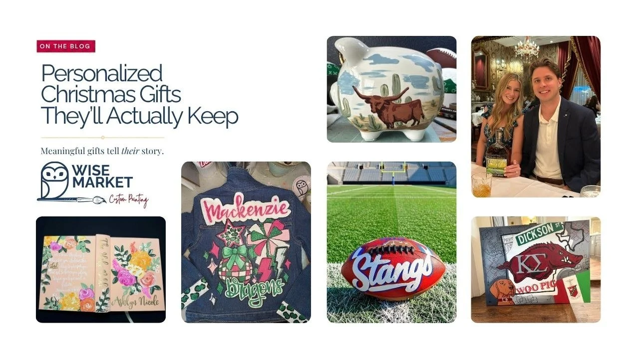 Personalized Christmas gift ideas from Wise Market featuring a hand-painted Bible, sports ball, piggy bank, jean jacket, engagement bottle and custom canvas.