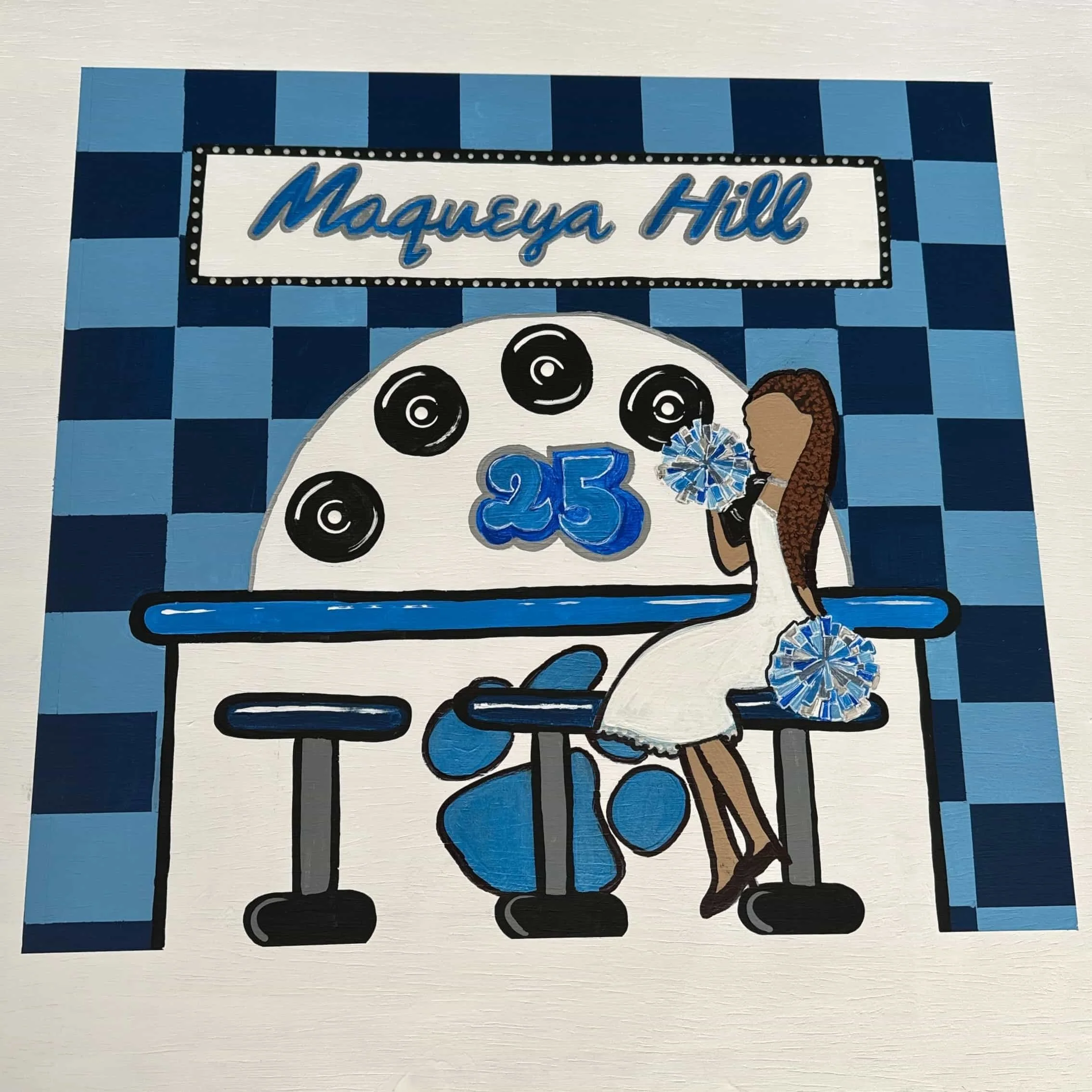 A decorative illustration celebrating Maqueya Hill's 25th birthday, featuring a woman with long brown hair, wearing a white dress and heels, sitting on a blue bench, holding pom-poms, with a large blue and white birthday cake with black dots in the b