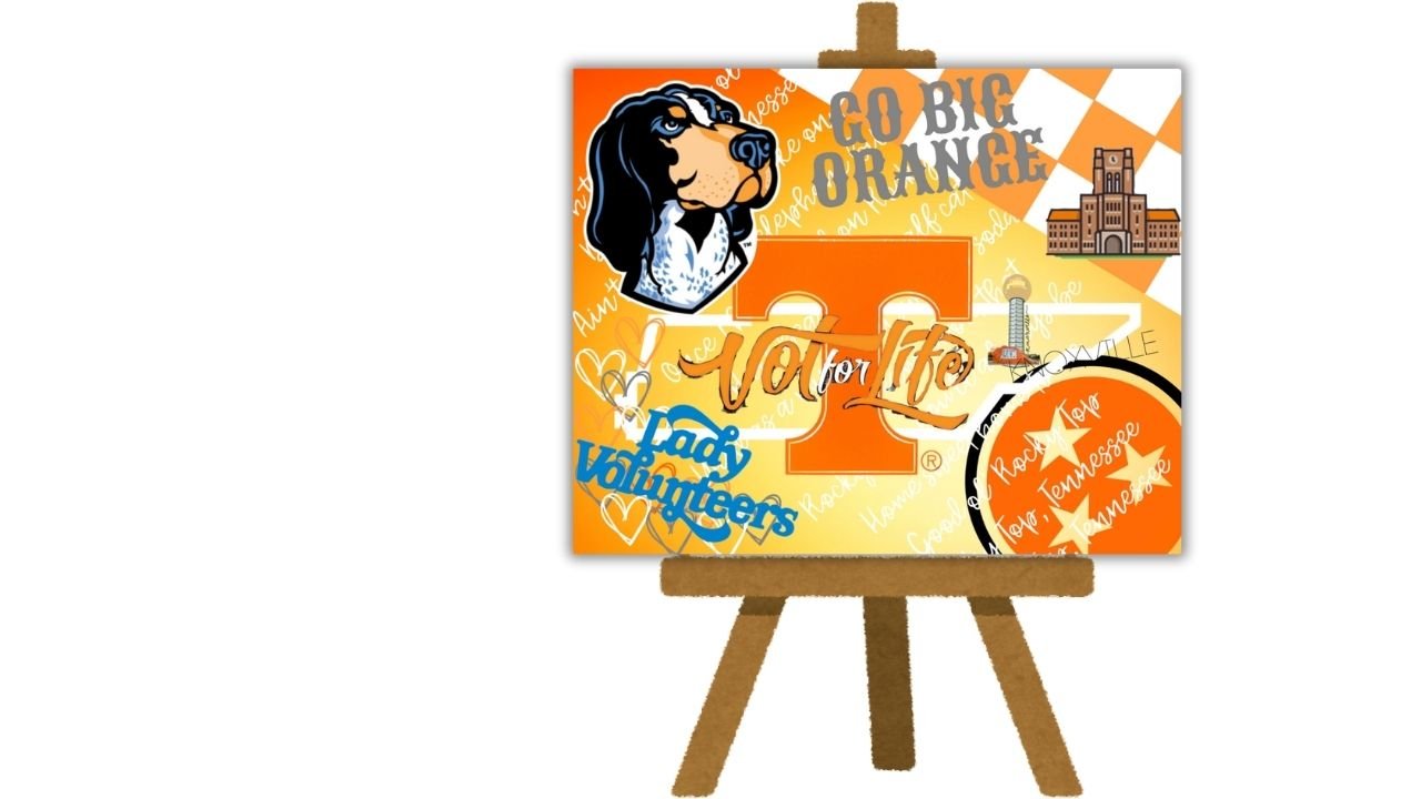 Custom school spirit canvas featuring the University of Tennessee’s 'Go Big Orange' theme with graphics of Smokey, the Lady Volunteers, and Neyland Stadium, displayed on a wooden easel.