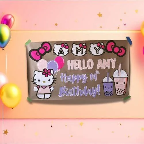 Birthday banner with Hello Kitty theme, including balloons and bubble tea, celebrating Amy's 14th birthday.