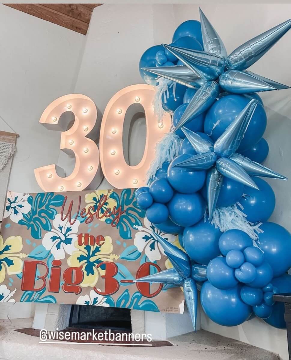 Custom 30th birthday banner with blue balloon decorations.