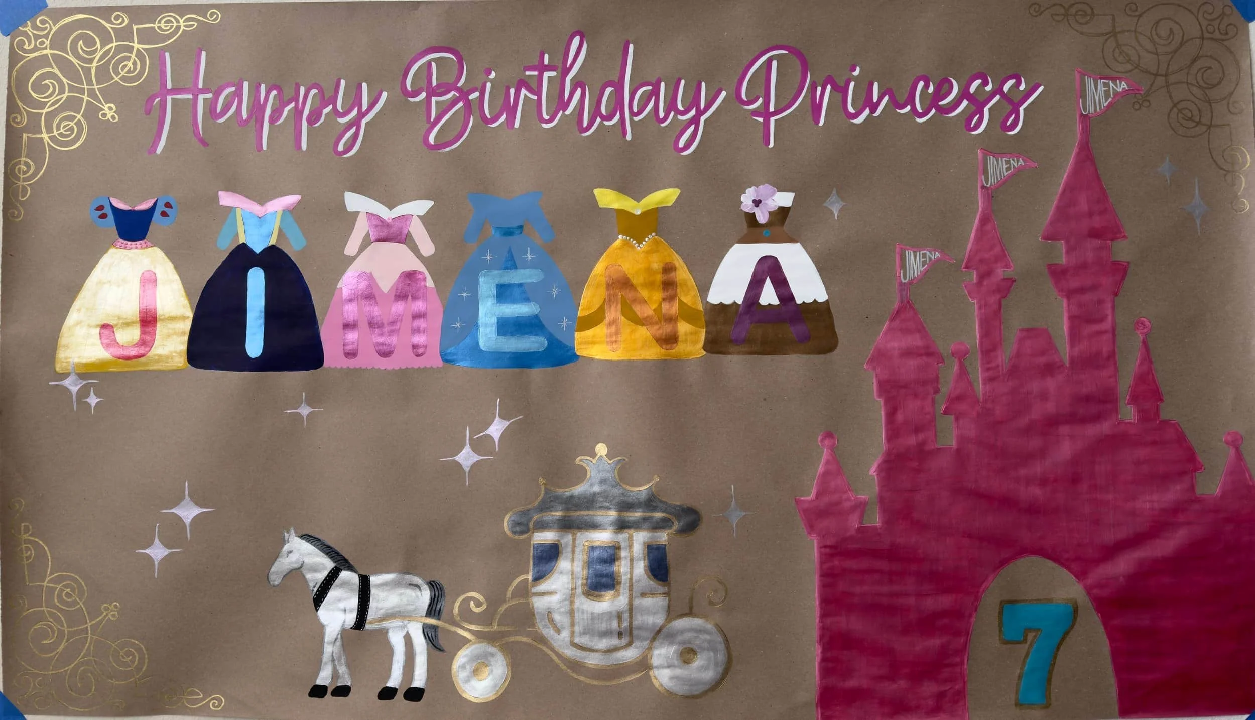 A birthday poster with the phrase 'Happy Birthday Princess' in pink cursive lettering at the top. Below, the names 'JIMENA' are depicted with each letter in a princess dress of different colors and styles.