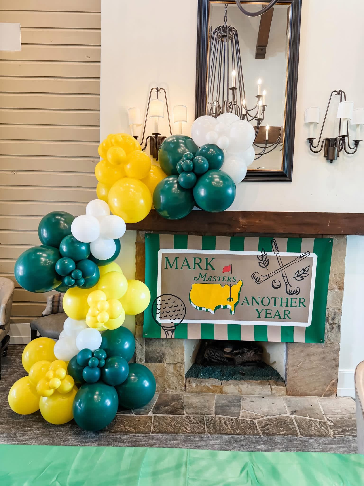 Masters themed birthday banner with masculine dark green stripes and vintage golf graphics