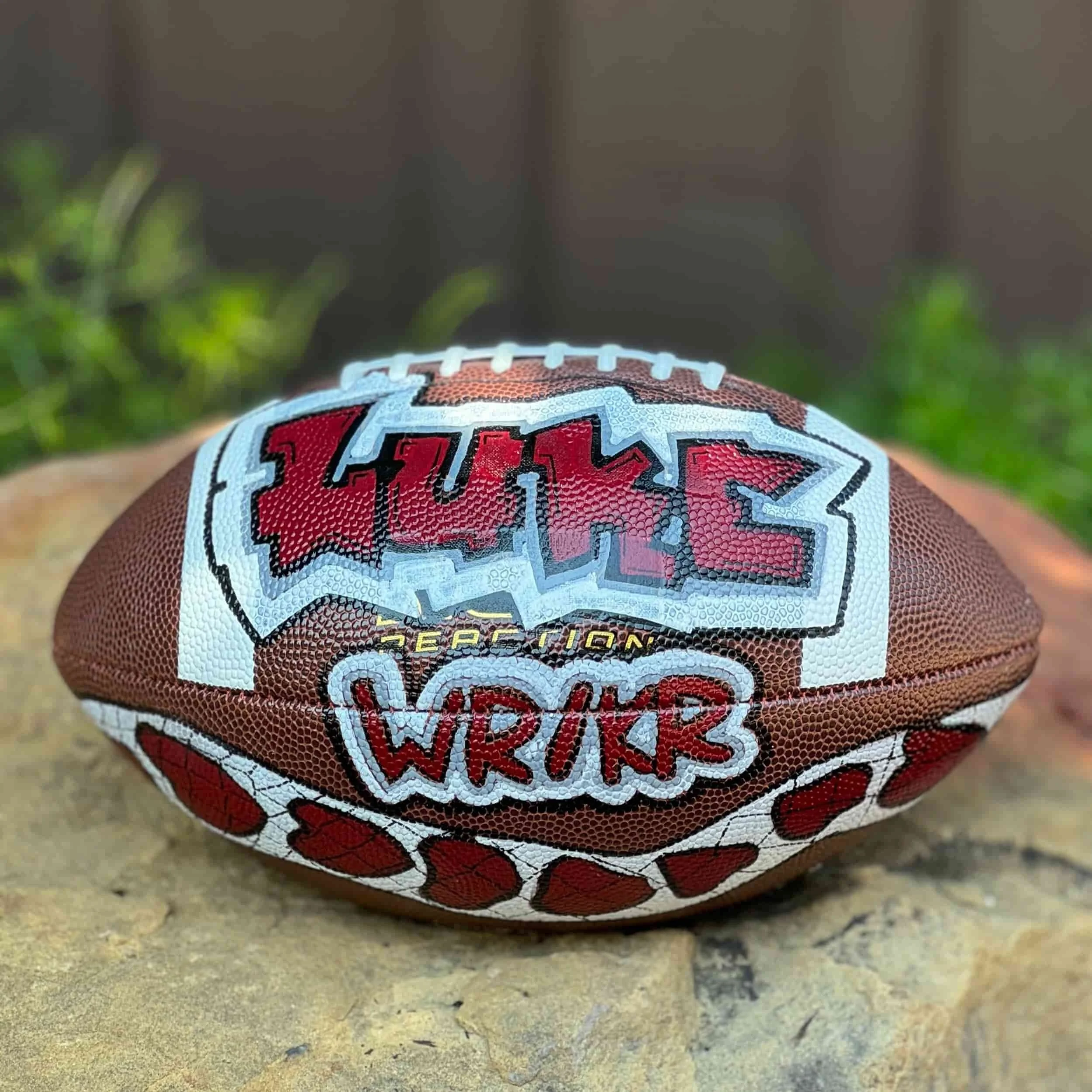 A brown and white referee-style football with logo and text for a football league resting on a stone surface, with greenery in the background.