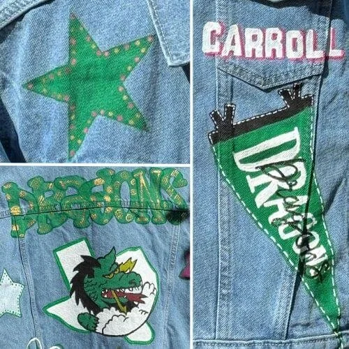 Collage of a denim jacket with green and white dragon-themed patches and lettering, including a star, "Carroll," and "Dragons" banner.