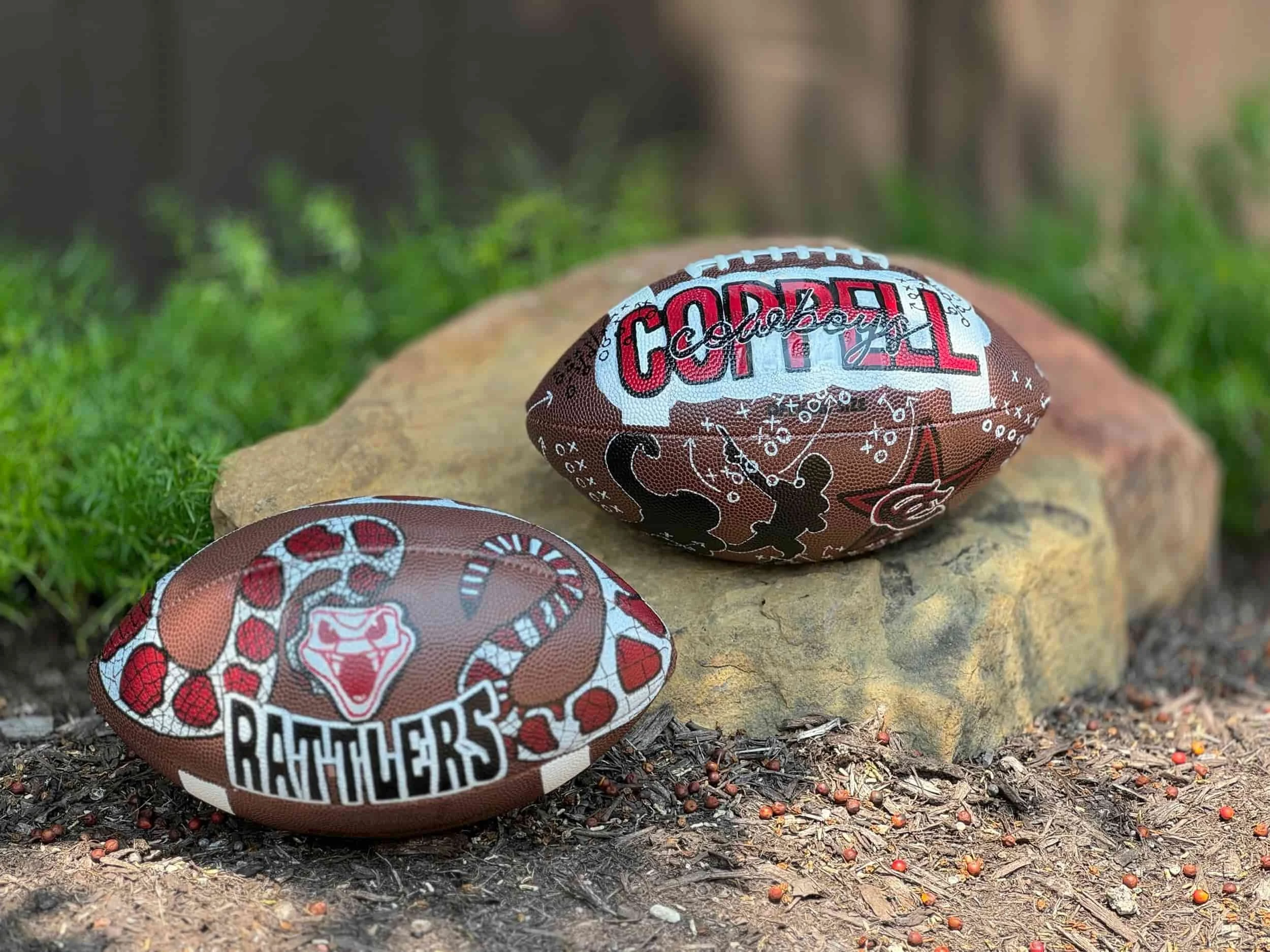 Two footballs with Cleveland Guardians team logos and designs resting on a rock outdoors, surrounded by grass and dirt.