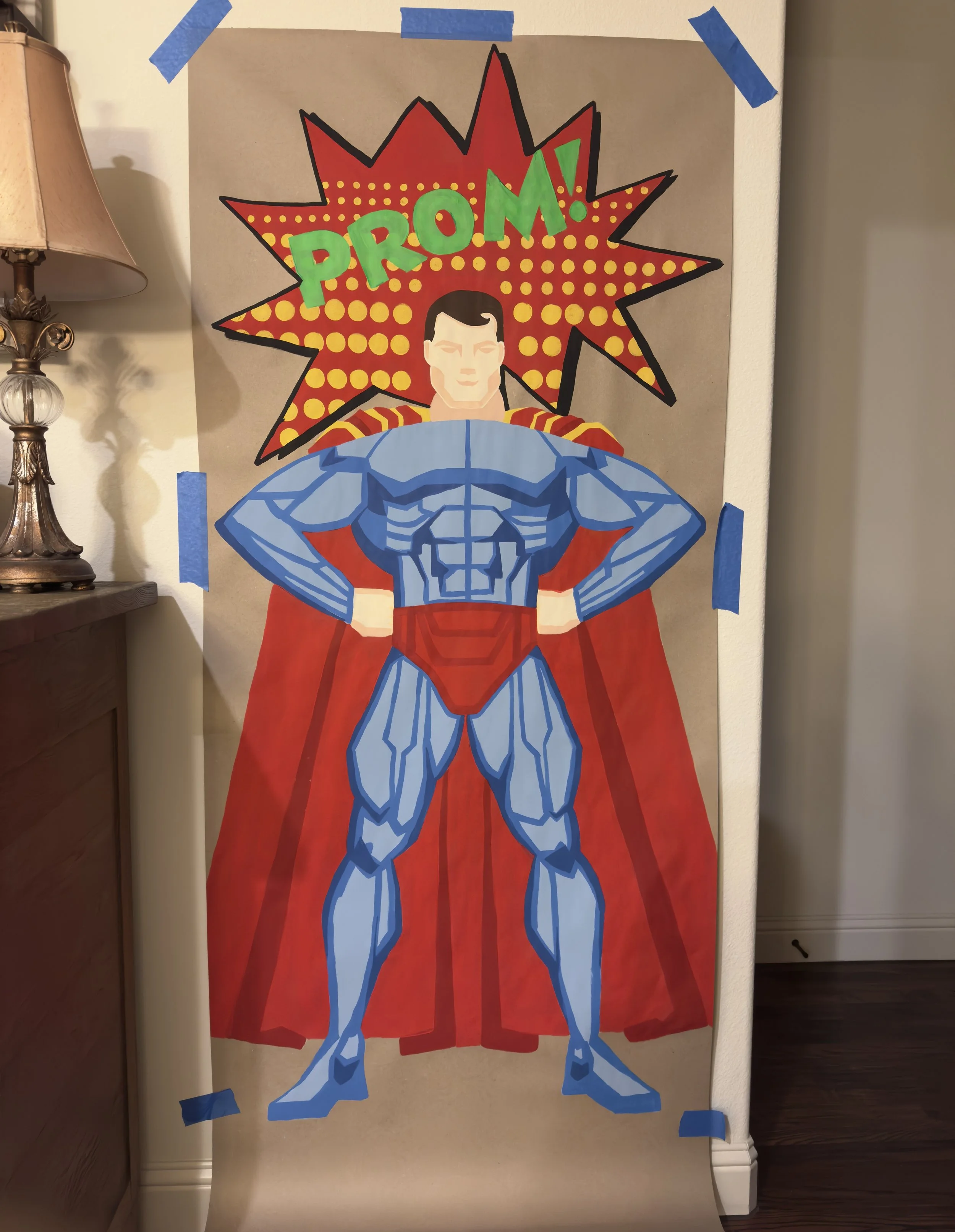 Cartoon superhero poster with 'PROM!' text.