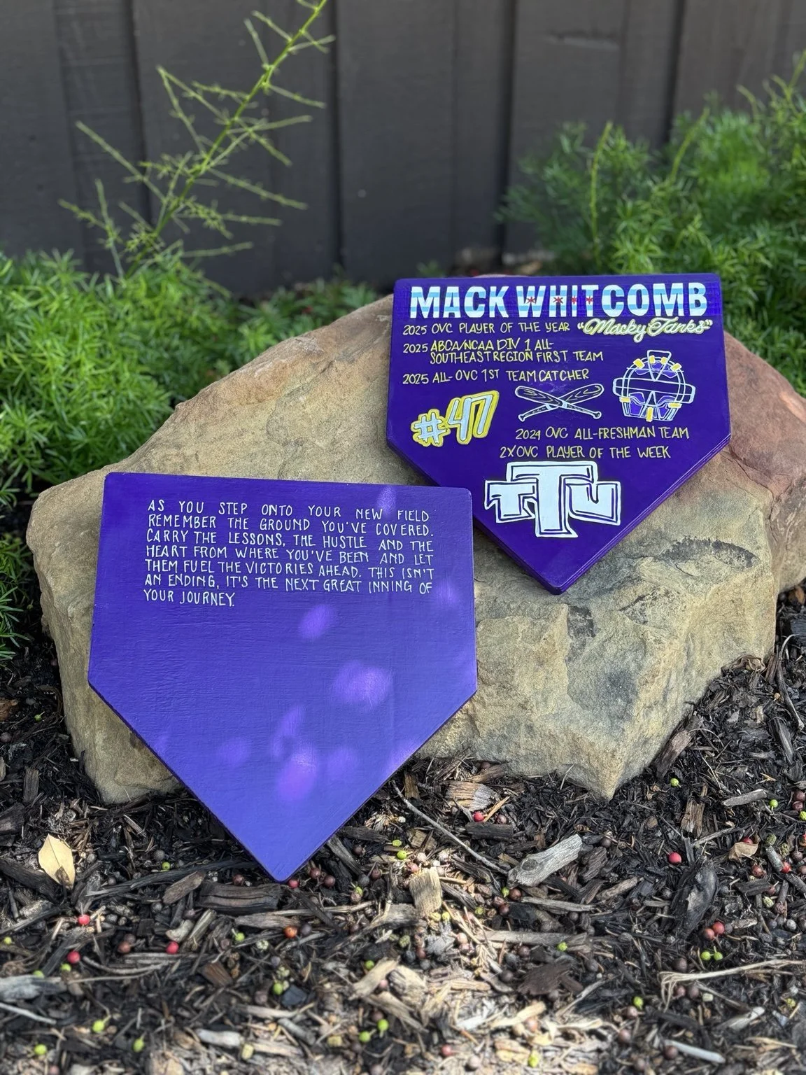 Personalized Tennessee Tech baseball home plate celebrating Mack Whitcomb’s athletic accomplishments with a farewell message for his next chapter