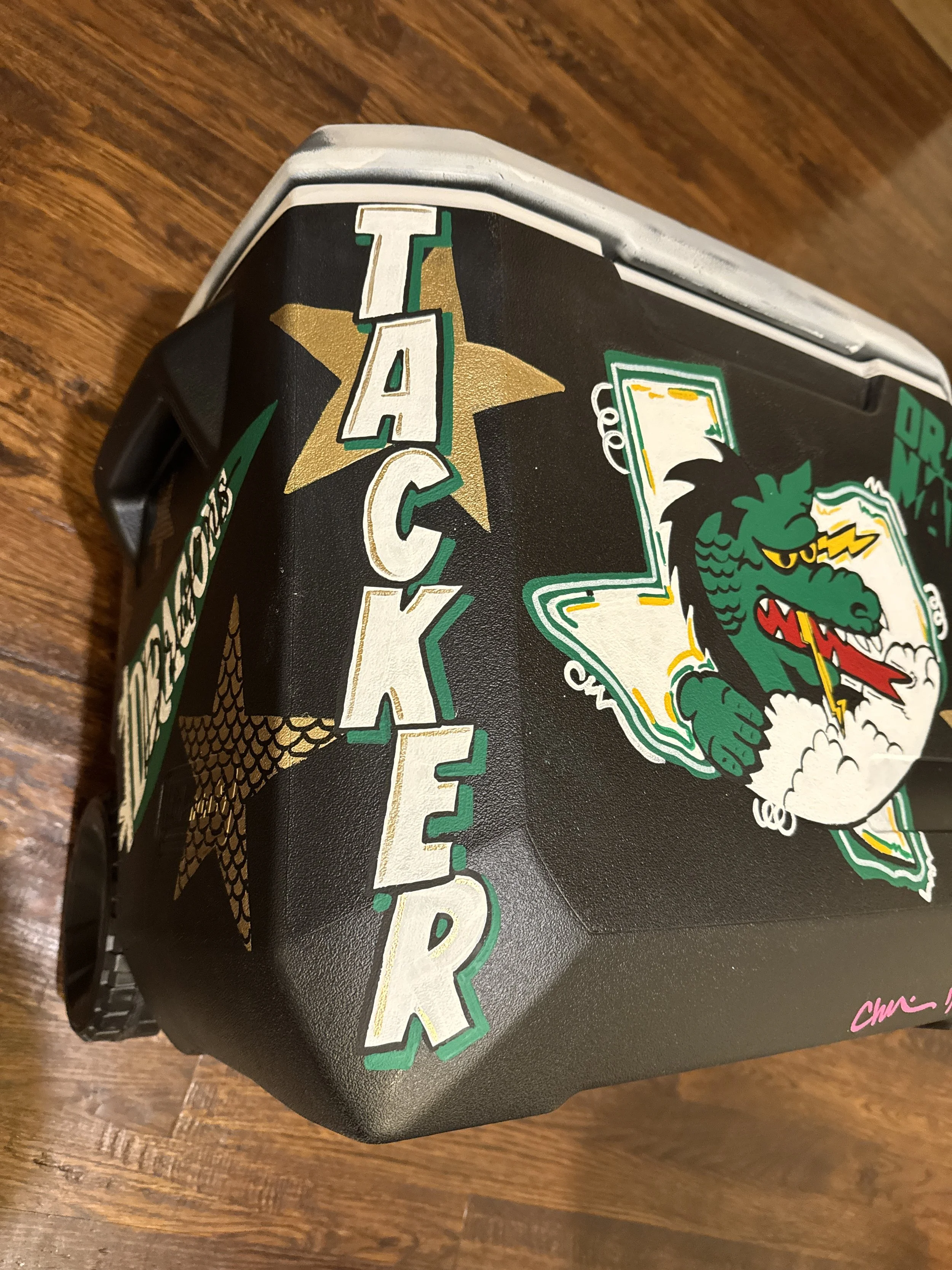 Custom hand-painted Southlake Carroll Dragons cooler personalized with the winner's name, Tacker