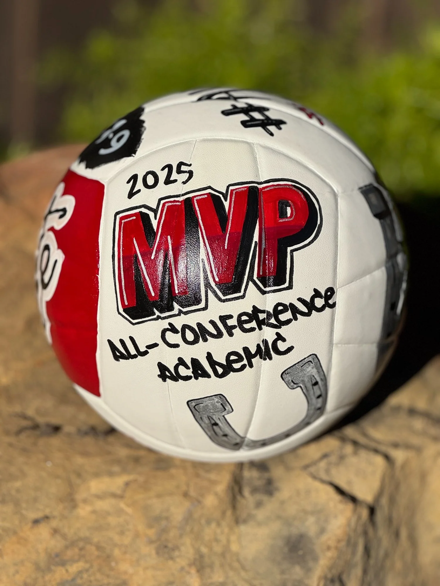 Personalized hand-painted volleyball celebrating 2025 MVP and All-Conference Academic honors