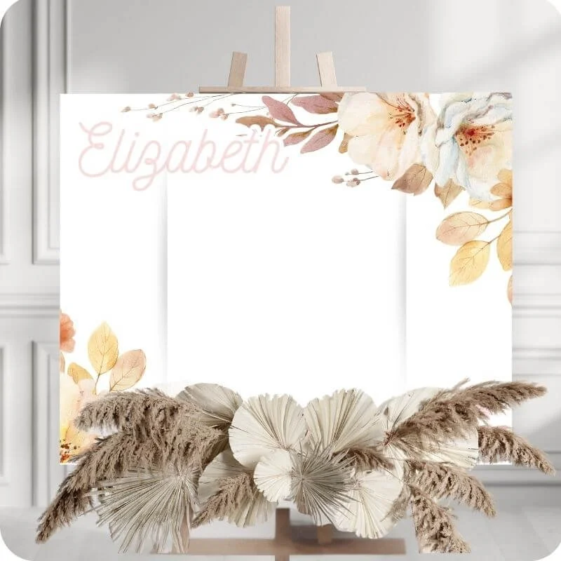 custom-photo-display-board-name-elizabeth-in-script-with-hand-painted-flowers-and-leaves-sitting-on-an-easel.jpg.jpg