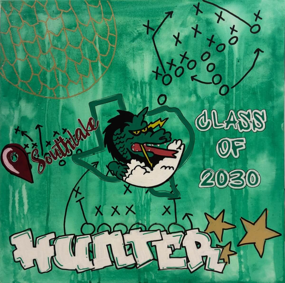 Personalized sports-themed canvas featuring a football play, mascot, and "Class of 2030" for a child's room or graduation gift.