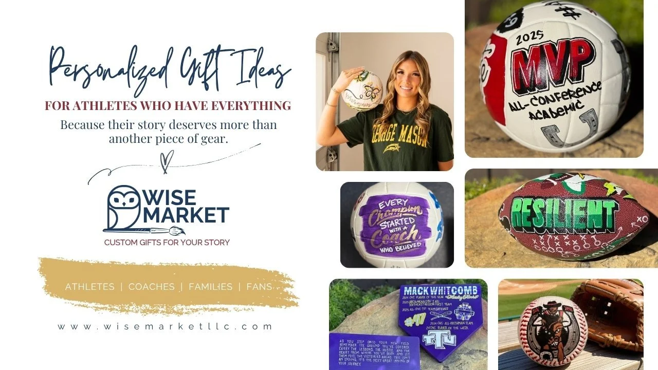 Personalized gift ideas for athletes featuring custom hand-painted footballs, volleyballs, baseballs and sports keepsakes by Wise Market.