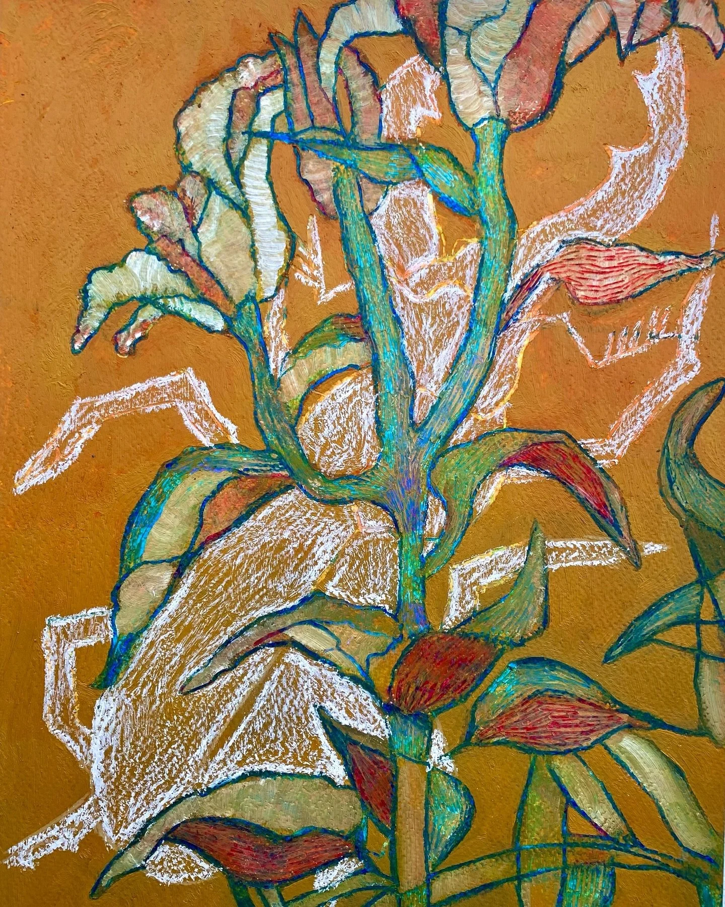Lily, beetle 
Oil paint &amp; pastels
30 x 40 cm