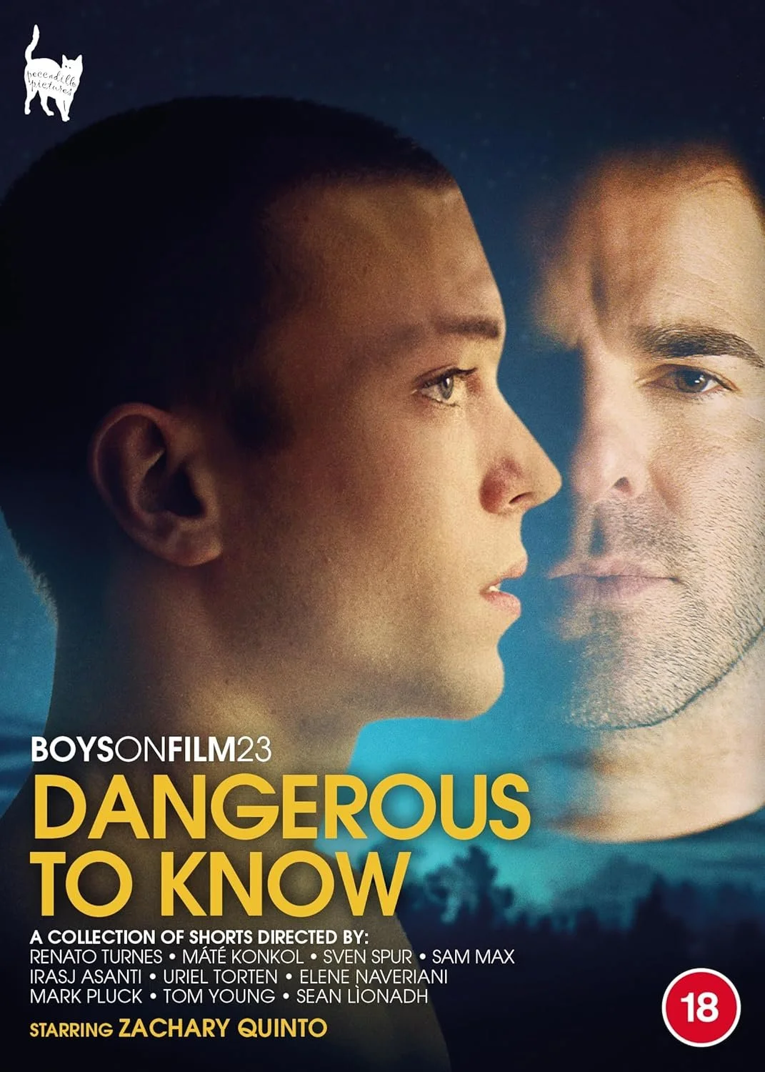 Poster for the film 'Dangerous to Know' from Boy On Film 23, featuring two young men facing each other with serious expressions, with dark background and yellow title text.