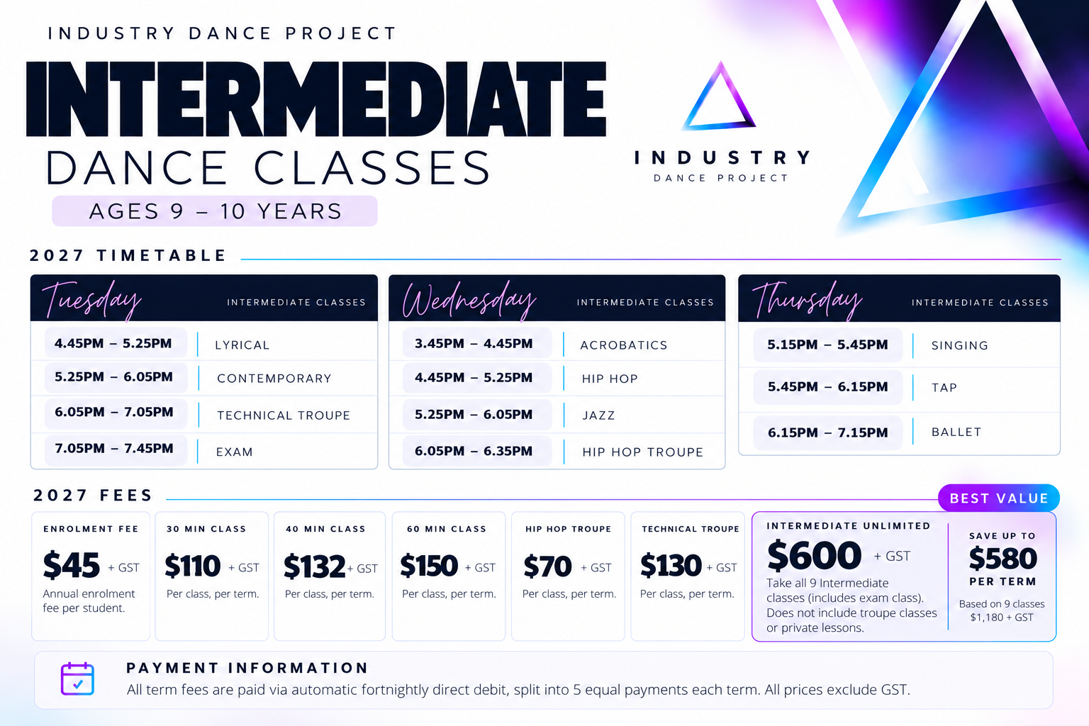 Industry Dance Project 2027 Intermediate dance timetable and fees for ages 9 to 10 in Mandurah, including ballet, jazz, hip hop, contemporary, lyrical, acrobatics, tap, singing, exams and troupes.