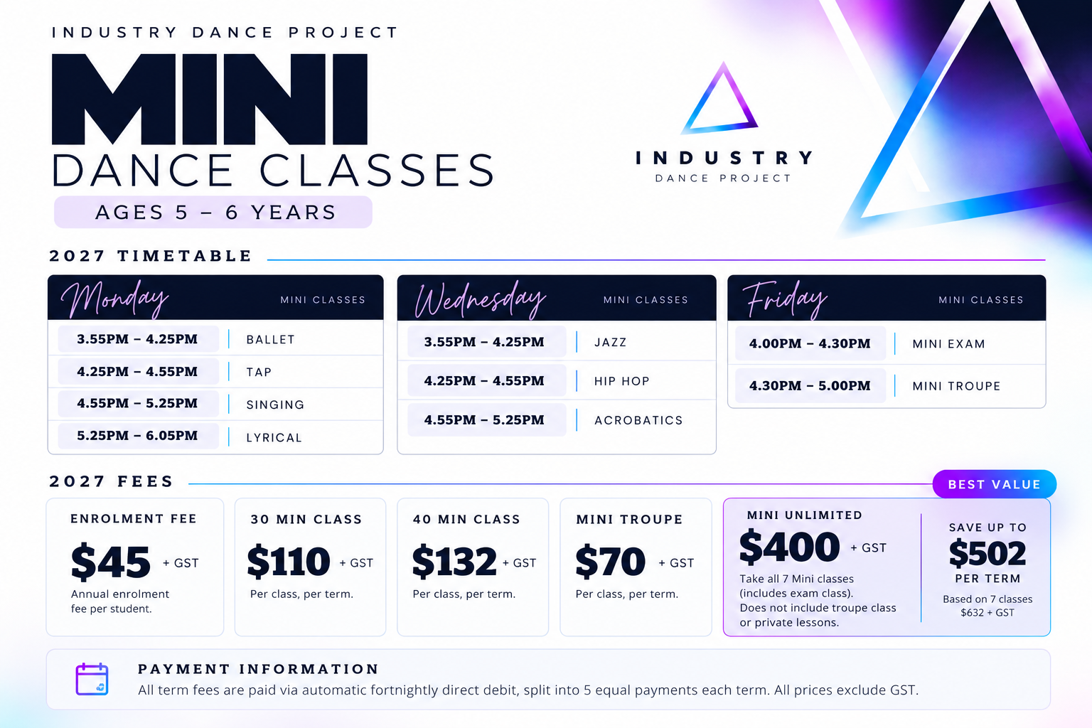 Industry Dance Project 2027 Mini dance timetable and fees for ages 5 to 6 in Mandurah, including ballet, jazz, tap, hip hop, lyrical, singing, acrobatics and exam classes.