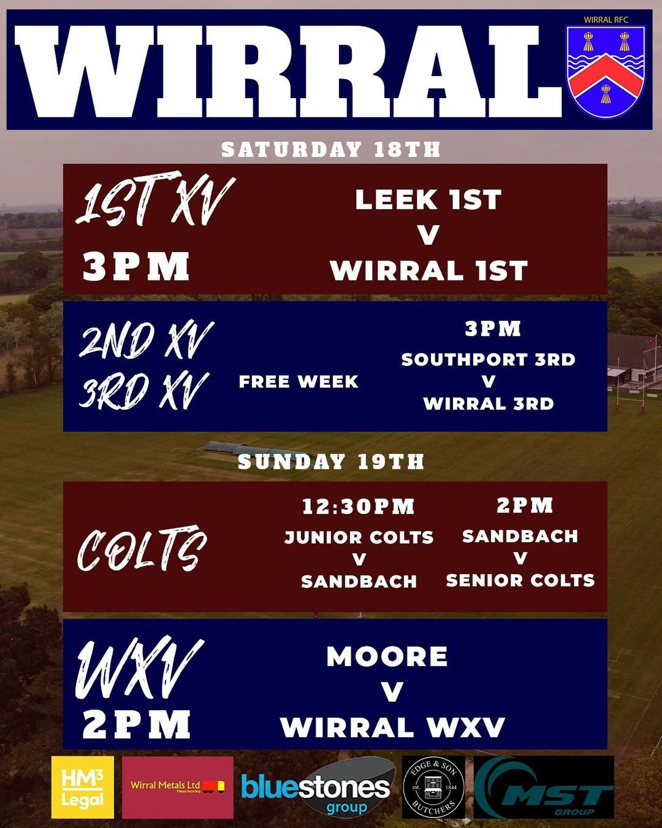 🏉 THIS WEEK&rsquo;S FIXTURES 🏉

🔥 1st XV vs Leek
📍 Away
⏰ 3pm

⚡ 3rd XV vs Stockport
📍 Away
⏰ 3pm

🔵 Junior Colts vs Sandbach
📍 Home
⏰ 12:30pm

🔶 Senior Colts vs Sandbach
📍 Away
⏰ 12:30pm

💙 Women&rsquo;s XV vs Moore
📍 Away
⏰ 2pm

Five big