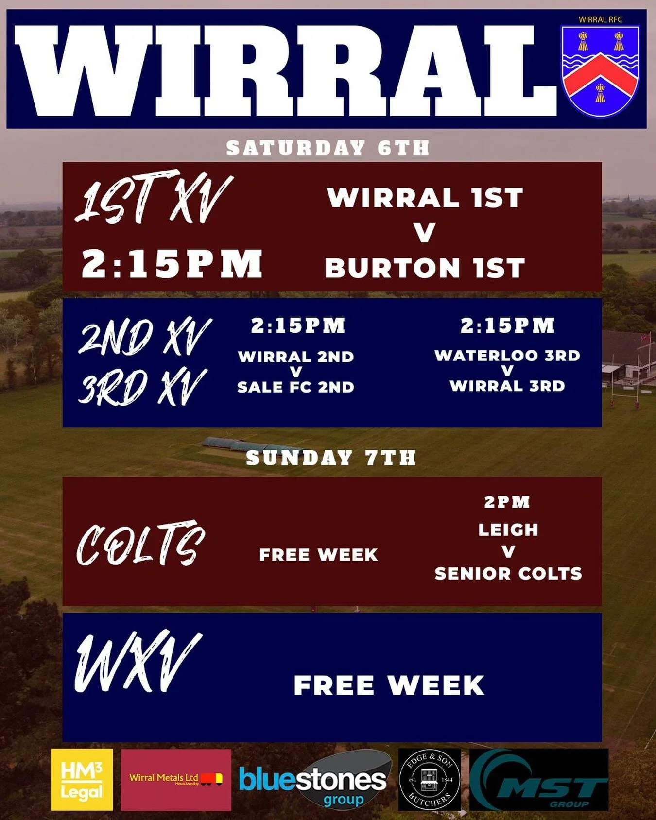 🏉 THIS WEEKEND&rsquo;S FIXTURES 🏉

Saturday 6th

🔥 1st XV: Wirral vs Burton
⏰ 2:15pm | 📍 Home

💥 2nd XV: Wirral 2nd vs Sale FC 2nd
⏰ 2:15pm | 📍 Home

⚡ 3rd XV: Waterloo 3rd vs Wirral 3rd
⏰ 2:15pm | 📍 Away

Sunday 7th

🔶 Senior Colts: Leigh vs