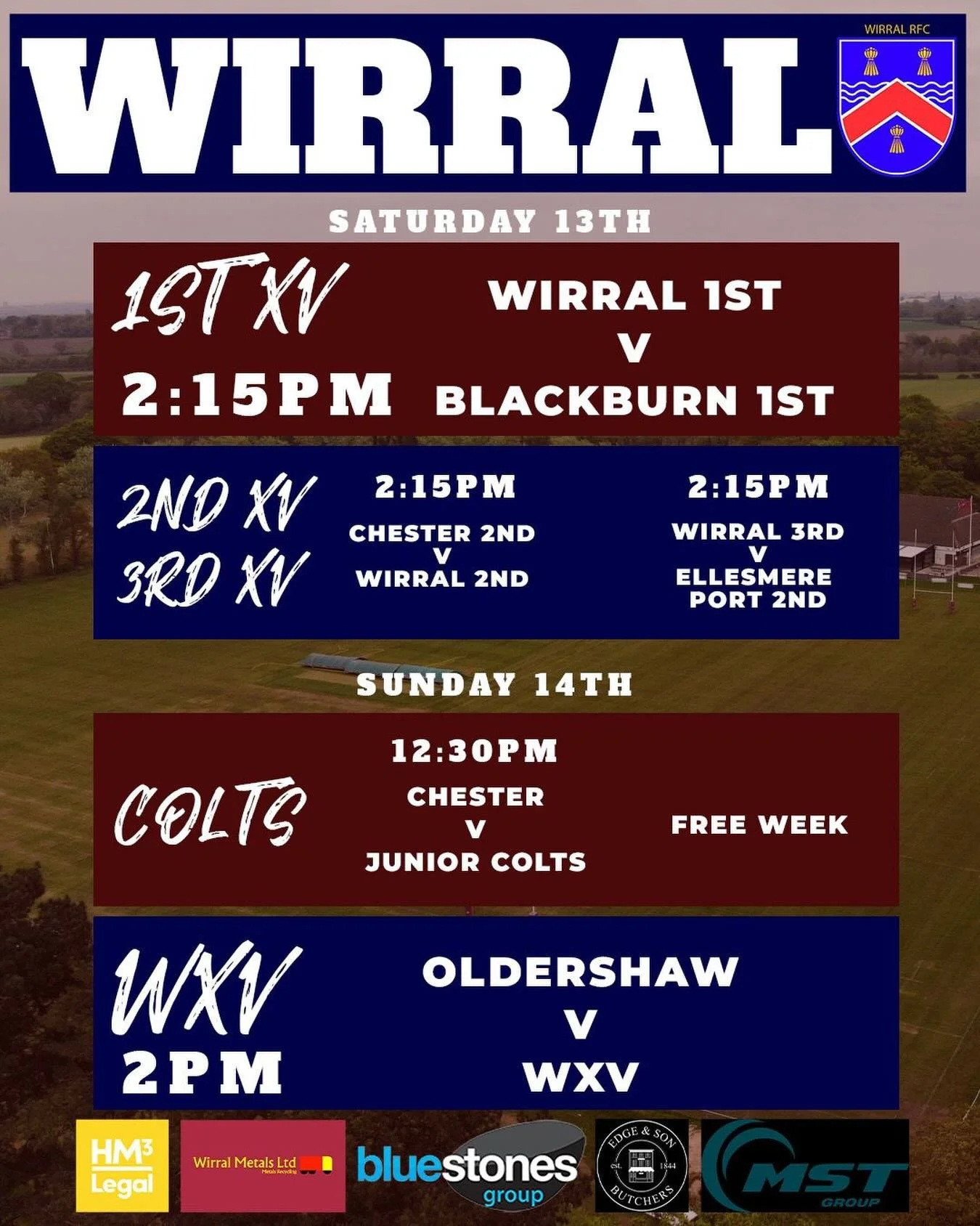 🏉 THIS WEEKEND&rsquo;S FIXTURES 🏉

Saturday 13th

🔥 1st XV vs Blackburn 1st XV
📍 Home
⏰ 2:15pm

💥 2nd XV vs Chester 2nd XV
📍 Away
⏰ 2:15pm

⚡ 3rd XV vs Ellesmere Port 2nd XV
📍 Away
⏰ 2:15pm

Sunday 14th

🔵 Junior Colts vs Chester
📍 Away
⏰ 12