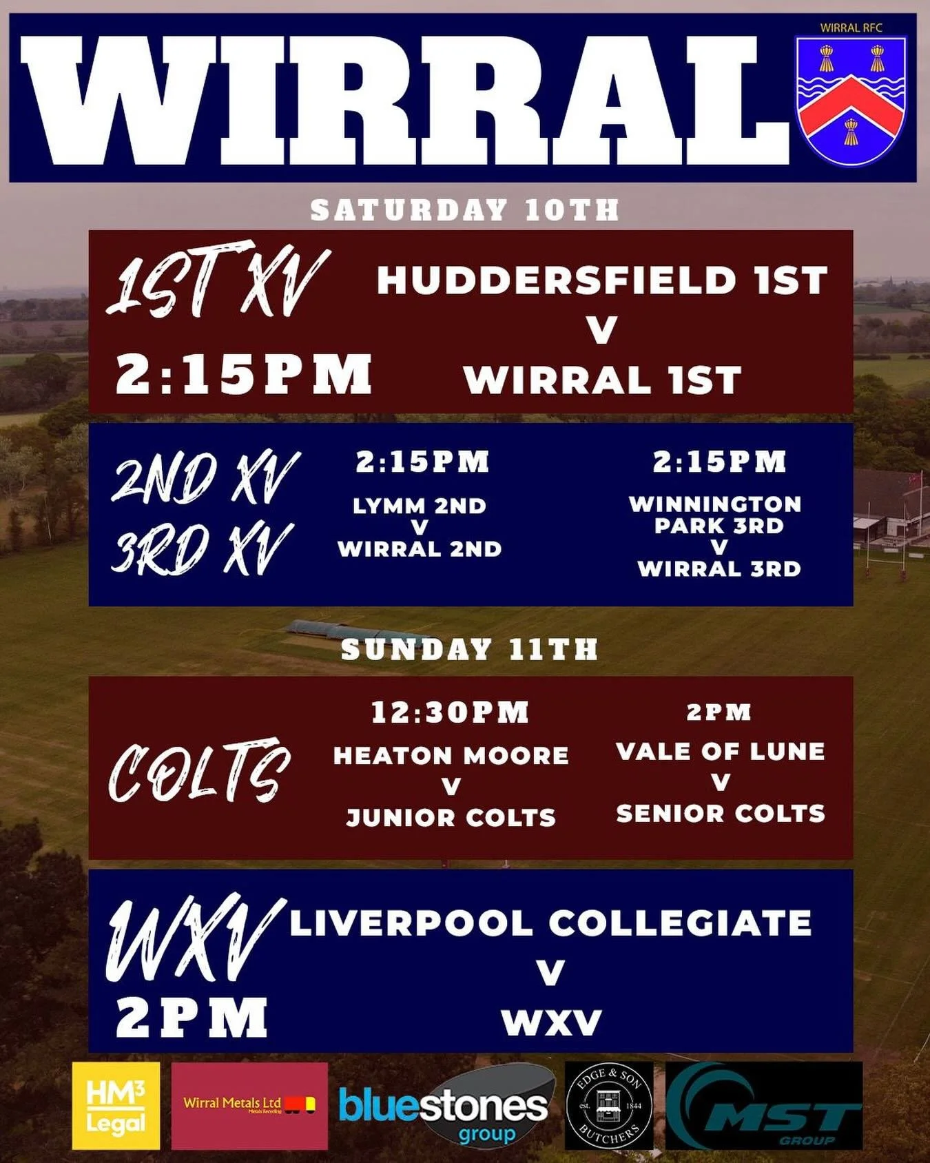 🏉 BIG WEEKEND AT WIRRAL RFC 🏉

The Maroon &amp; White are back in action this weekend with games across the club 👊

Saturday

🔥 1st XV
⏰ 2:15pm
🆚 Huddersfield 1st

🔵 2nd XV
⏰ 2:15pm
🆚 Lymm 2nd

🔵 3rd XV
⏰ 2:15pm
🆚 Winnington Park 3rd
Sunday
