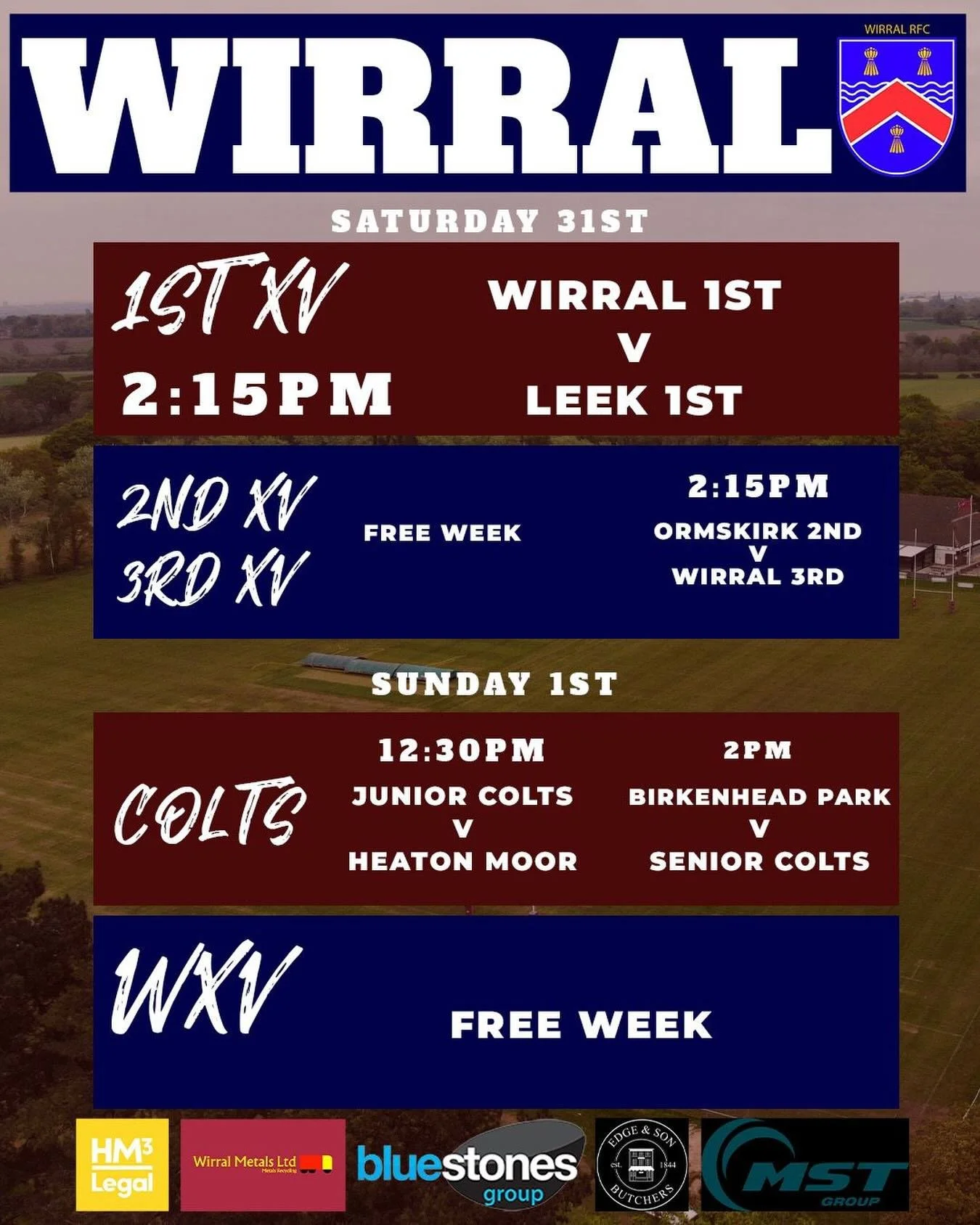 🏉 MATCH WEEK AT WIRRAL RFC 🏉

Another busy weekend for the Maroon &amp; White with sides in action across the club 💪

Saturday

🔥 1st XV
⏰ 2:15pm
🆚 Leek 1st

🔵 3rd XV
⏰ 2:15pm
🆚 Ormskirk 2nd

Sunday

⚪ Junior Colts
⏰ 12:30pm
🆚 Heaton Moor

⚪ 
