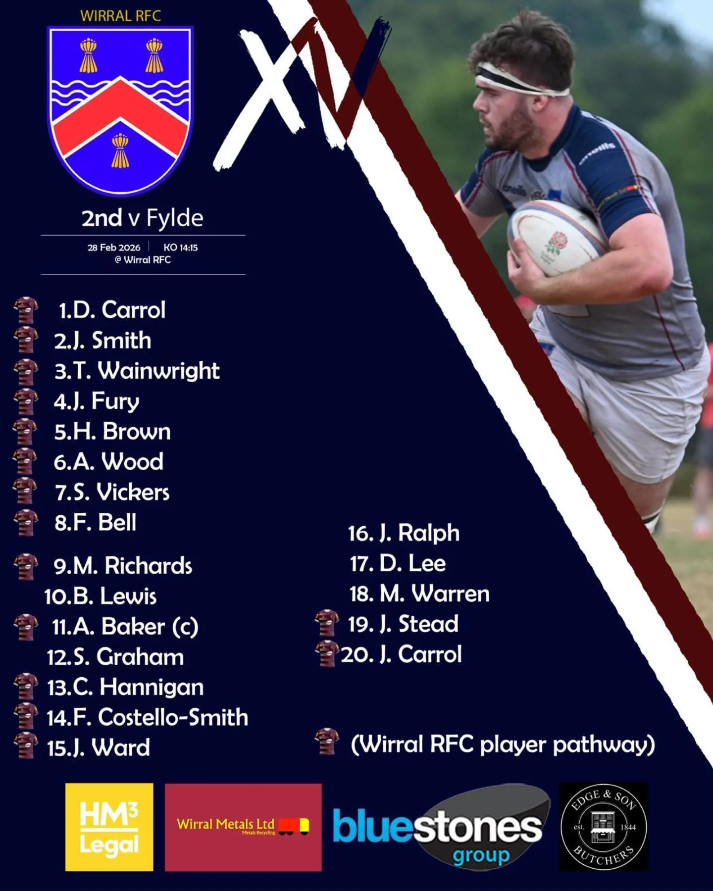 TEAM NEWS!! 

Our 2nd XV are at home today after the result from last weekend the lads are keen to improve on their draw and are going for the kill. 

Get down and cheer on your #maroonandwhite as they look to climb the table. 

#wirralrugby