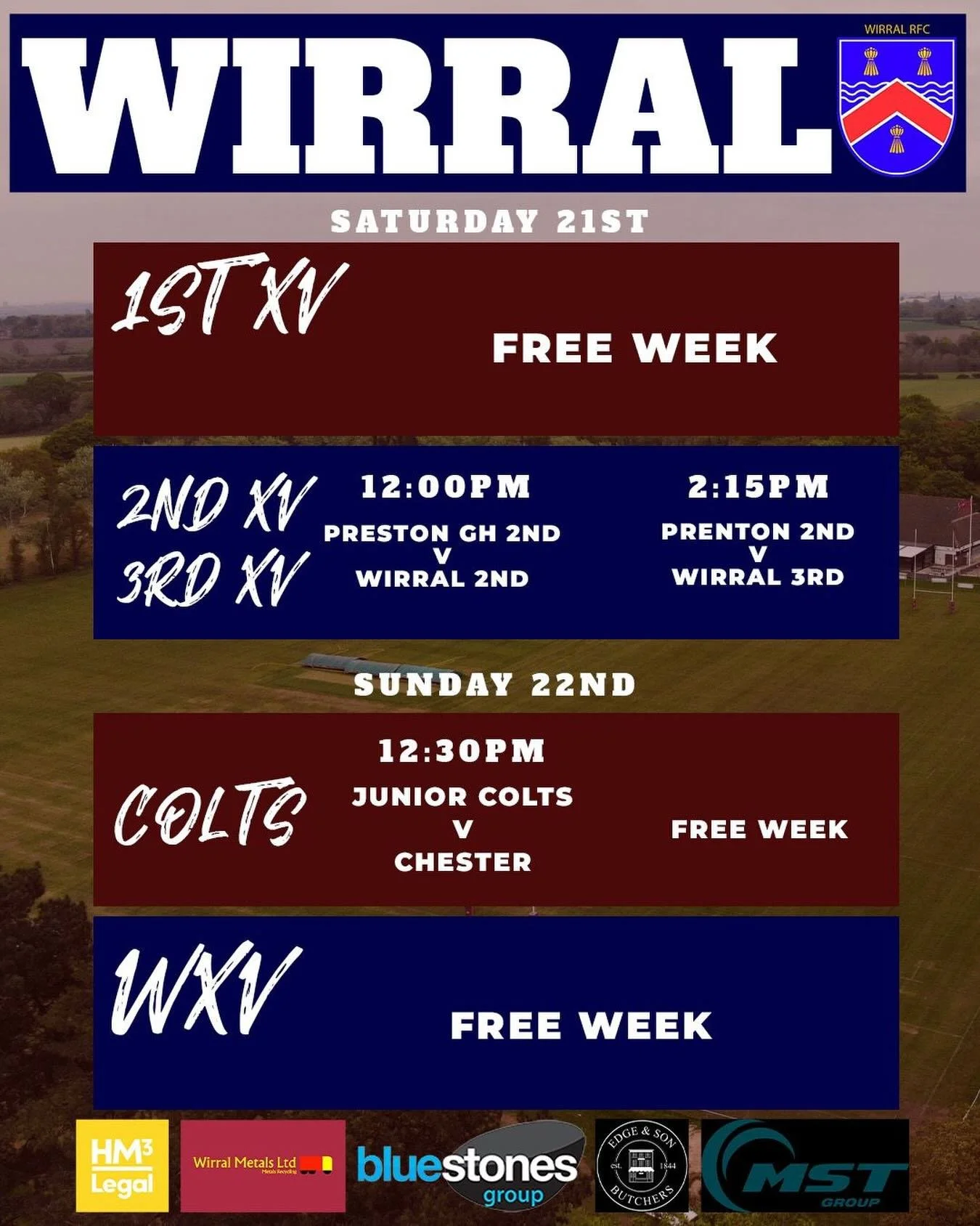 🏉 MATCH WEEK AT WIRRAL RFC 🏉

Another busy weekend ahead for the Maroon &amp; White 💪

Saturday

🔵 2nd XV
⏰ 12:00pm
✈️ Away
🆚 Preston GH 2nd

🔵 3rd XV
⏰ 2:15pm
✈️ Away
🆚 Prenton 2nd

Sunday

⚪ Junior Colts
⏰ 12:30pm
🆚 Chester

Best of luck to