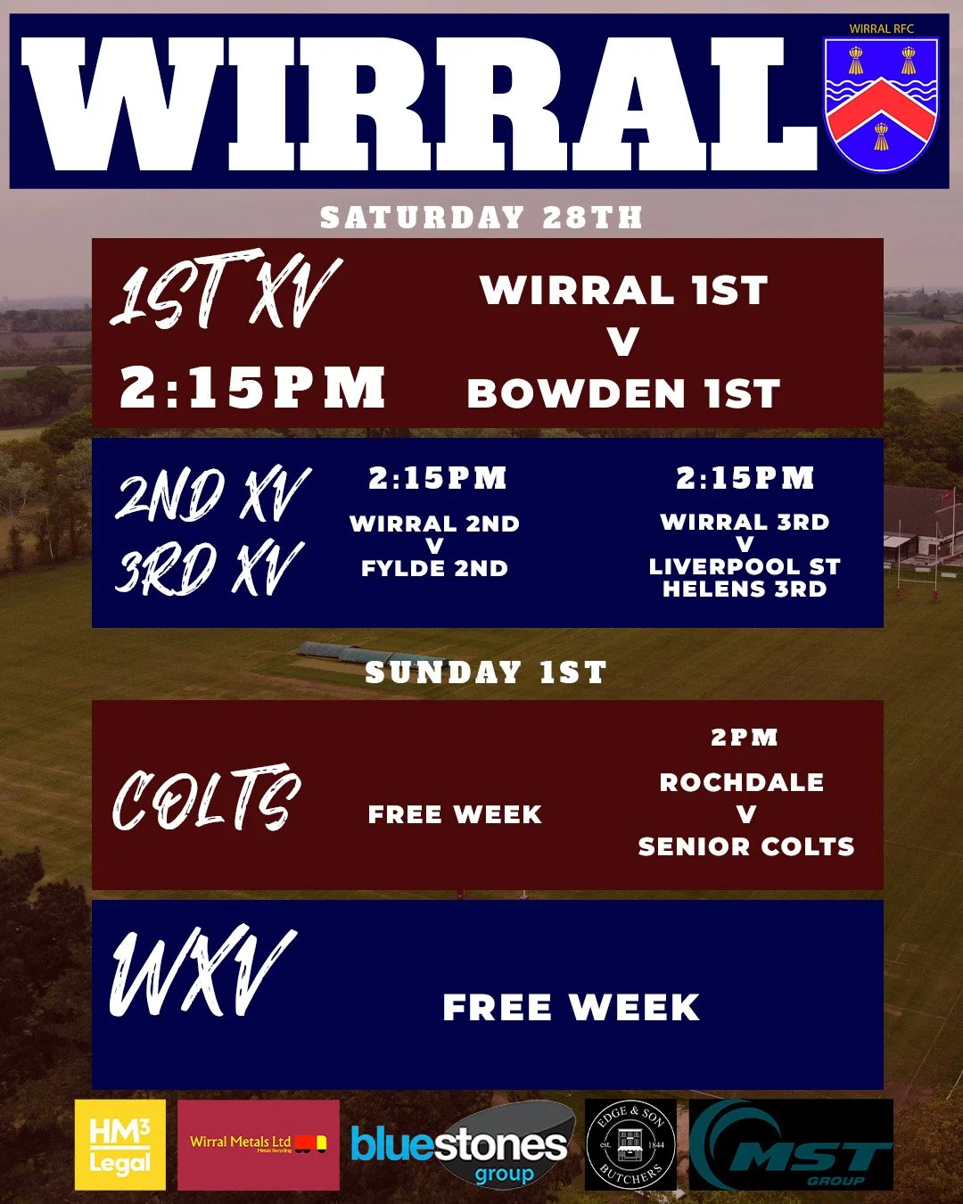 🏉 MATCH WEEK AT WIRRAL RFC 🏉

A big Saturday at home for the Maroon &amp; White 💪

Saturday

🔥 1st XV
⏰ 2:15pm
🏠 Home
🆚 Bowdon 1st

🔵 2nd XV
⏰ 2:15pm
🏠 Home
🆚 Fylde 2nd

🔵 3rd XV
⏰ 2:15pm
🏠 Home
🆚 Liverpool St Helens 3rd

Sunday

⚪ Senior