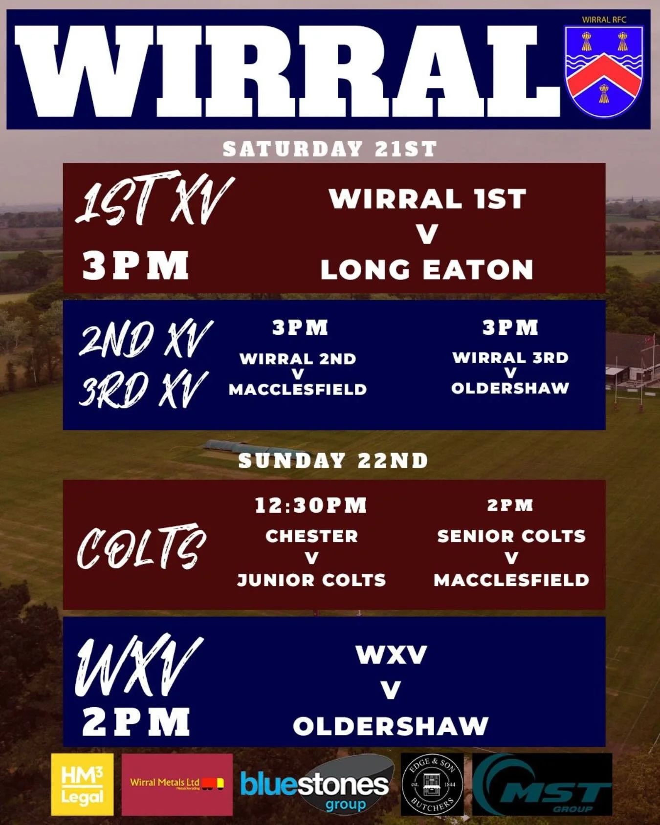🏉 MATCH WEEK AT WIRRAL RFC 🏉

A massive weekend ahead with action across all sides for the Maroon &amp; White 💪

Saturday

🔥 1st XV
⏰ 3pm
🏠 Home
🆚 Long Eaton

🔵 2nd XV
⏰ 3pm
🏠 Home
🆚 Macclesfield

🔵 3rd XV
⏰ 3pm
🏠 Home
🆚 Oldershaw 

Sunda
