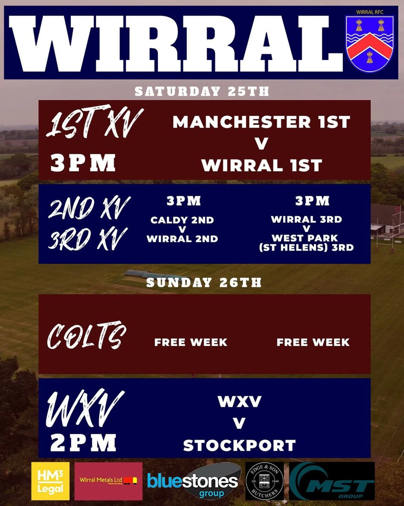 🏉 BIG WEEKEND AT WIRRAL RFC 🏉

A massive weekend ahead for the Maroon &amp; White 👊

Saturday

🔥 1st XV
⏰ 3PM
🆚 Manchester 1st (A)

🚨 PLAY-OFF TO STAY UP 🚨
Everything on the line &mdash; one game to secure our place next season. The lads need 
