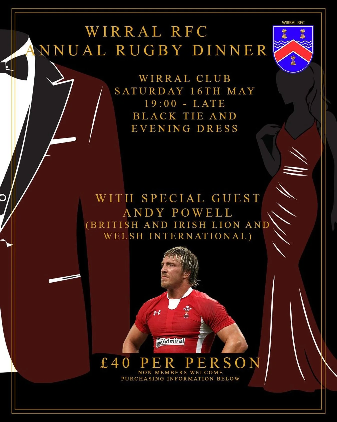ANNUAL CLUB DINNER THIS SATURDAY 16th MAY 7pm-LATE
 
Tickets priced at &pound;40 per person for members and non members! Black tie event. 

3 course meal and special guest British &amp; Irish Lion &amp; Welsh international star @andypowell8 

To purc