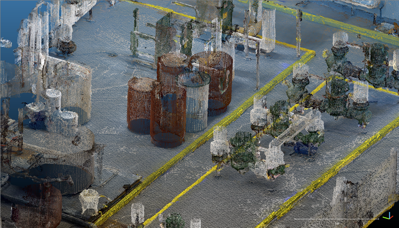 Industrial factory floor with stained glass windows, large machinery, and yellow safety lines.