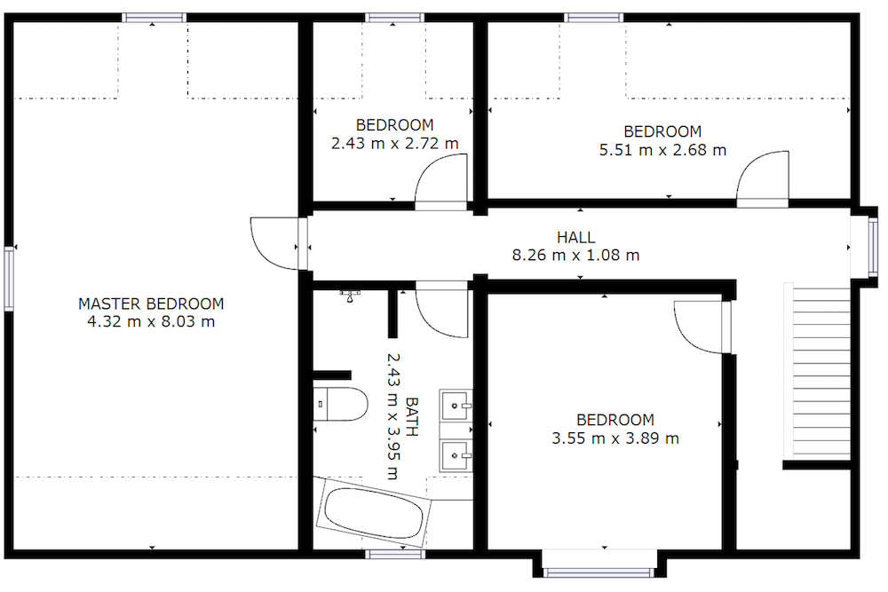 Floor plan of a house with three bedrooms, a bathroom, and hall. The master bedroom measures 4.32 by 8.03 meters, a smaller bedroom is 2.43 by 2.72 meters, another bedroom is 5.51 by 2.68 meters, and a fourth bedroom is 3.55 by 3.89 meters. The hall is 8.26 by 1.08 meters, and the bathroom is 2.43 by 3.95 meters.