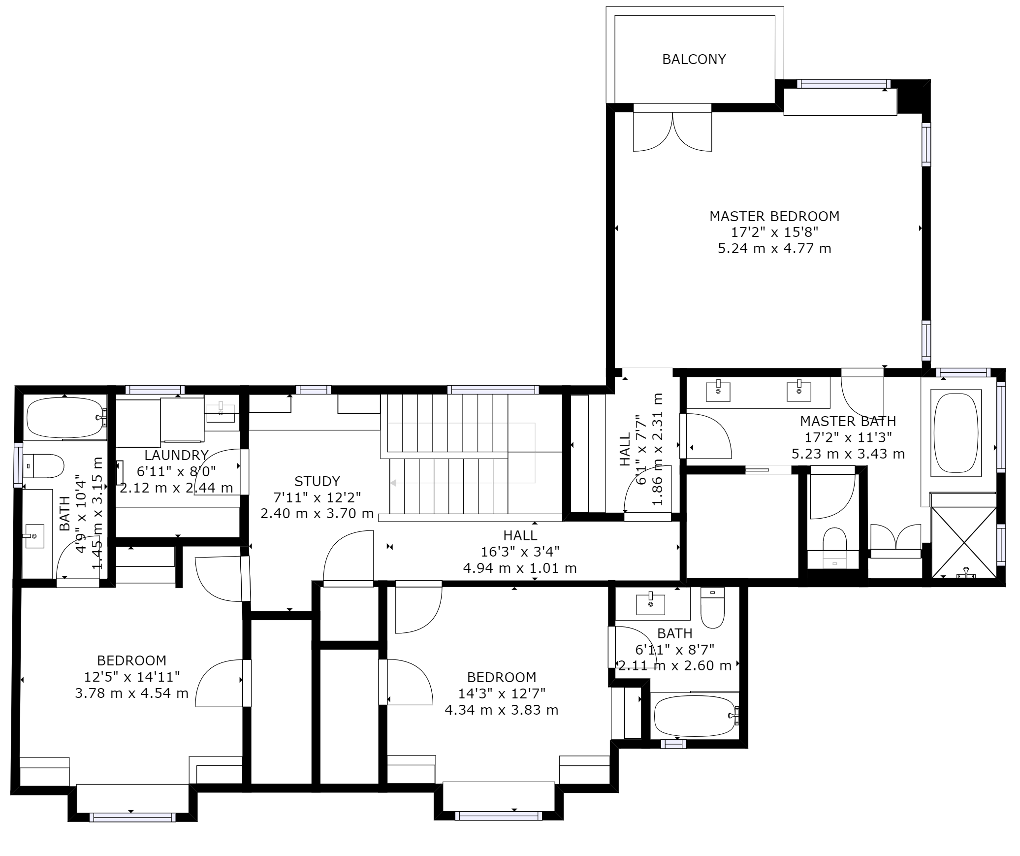 Architectural floor plan showing a master bedroom with balcony and ensuite bathroom, two additional bedrooms, three bathrooms, laundry room, study, hall, and staircase.