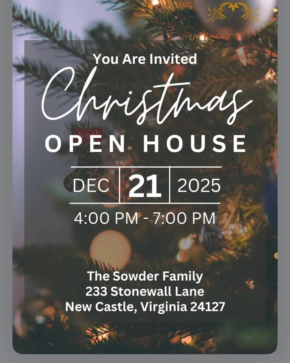 Christmas Open House for Friends, Neighbors, and Community!  This Sunday, Dec. 21, from 4pm - 7pm.